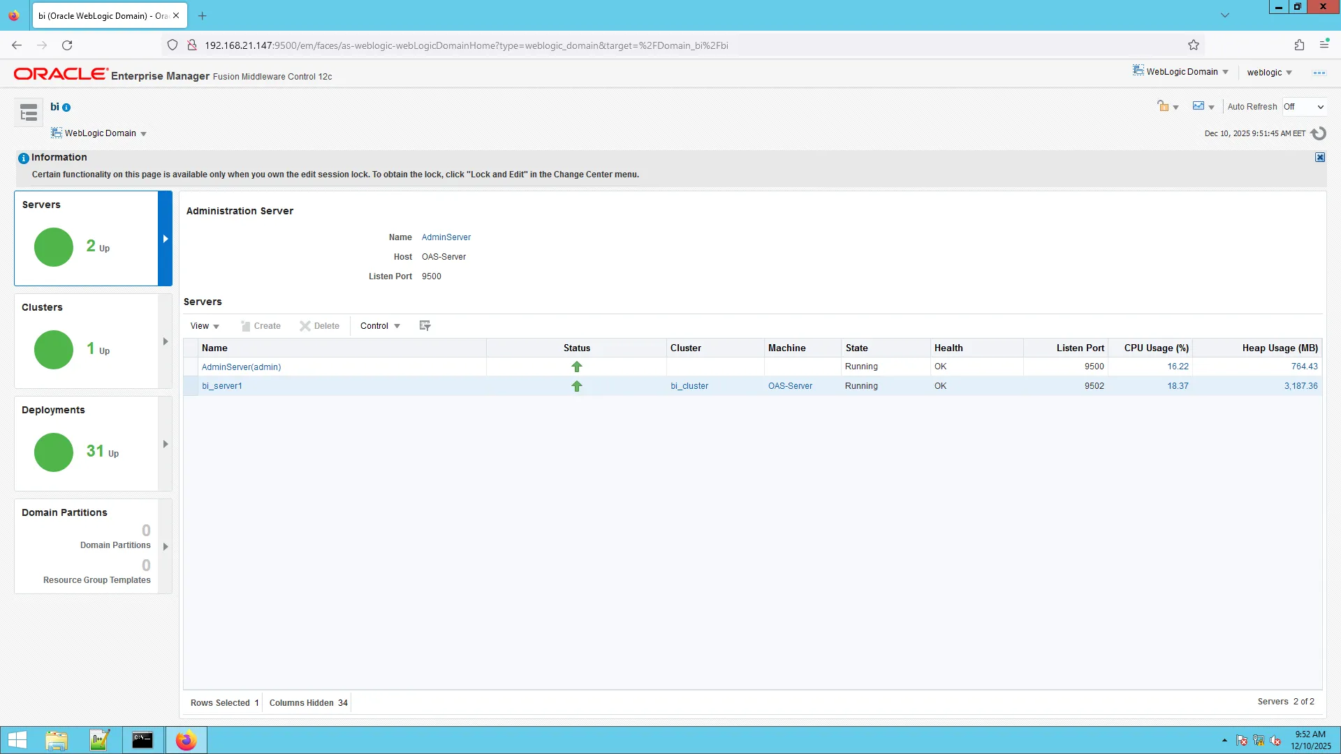 Oracle Enterprise Manager dashboard listing AdminServer and bi_server1 with status indicators